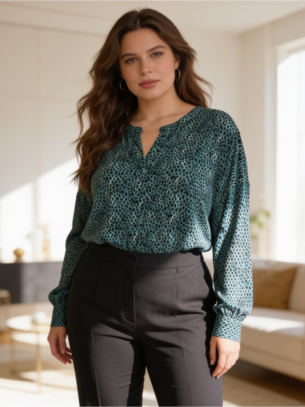 Dana Buchman Animal Print Blouse Green & Black XL